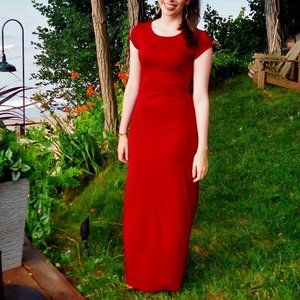 Rust Red - Orange Jersey Maxi Dress with Cap Sleeves